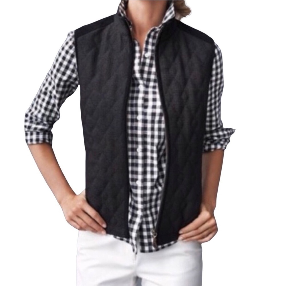 J McLaughlin Bennet Tweed Quilted Vest Ribbed Knit Back Black Size XS
